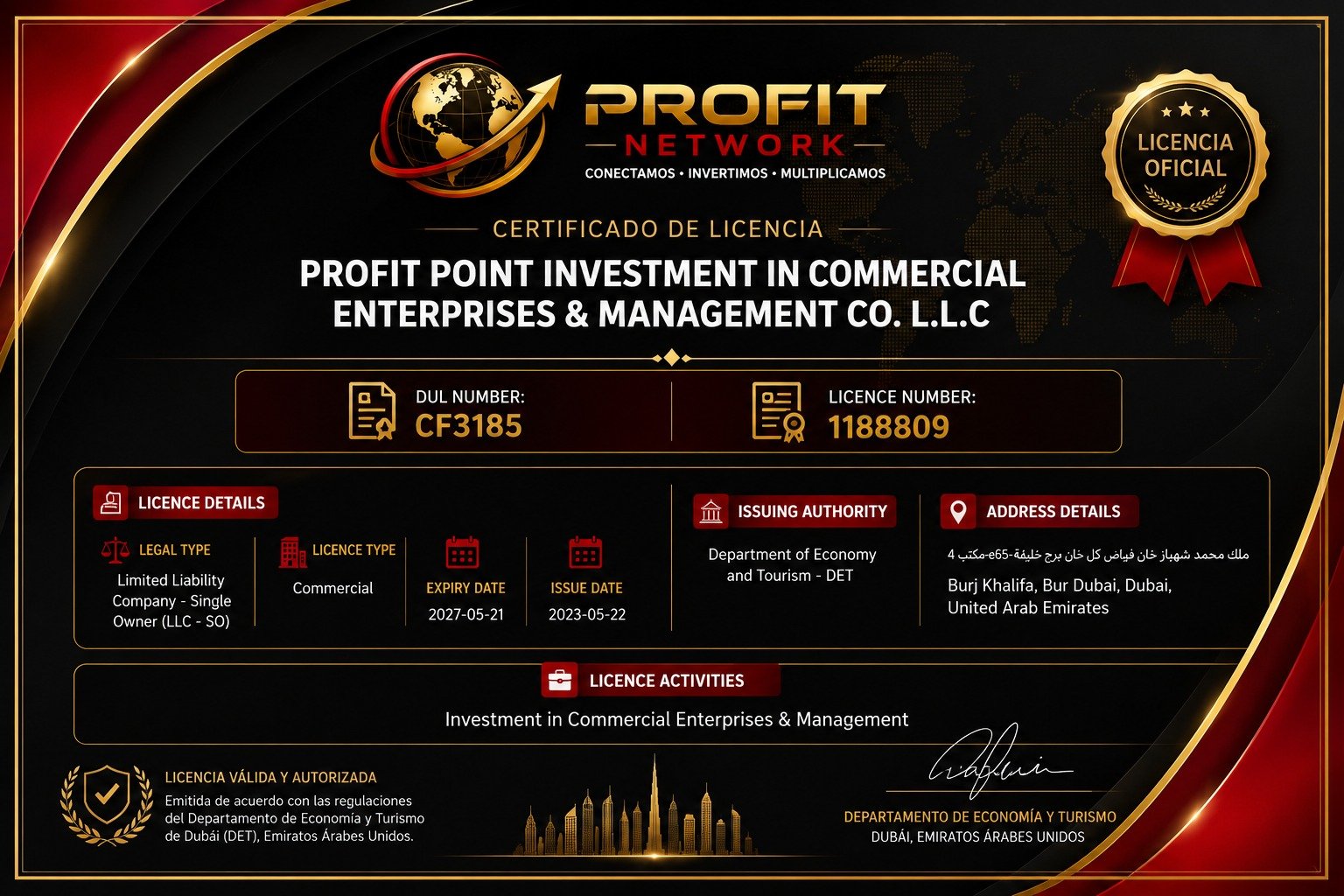 Certificado de licencia Profit Network
